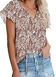 Dokotoo Womens Fashion 2025 Floral Printed V Neck Tie Top Boho Short Sleeve Blouses Juniors Loose Chiffon Shirts Large Khaki