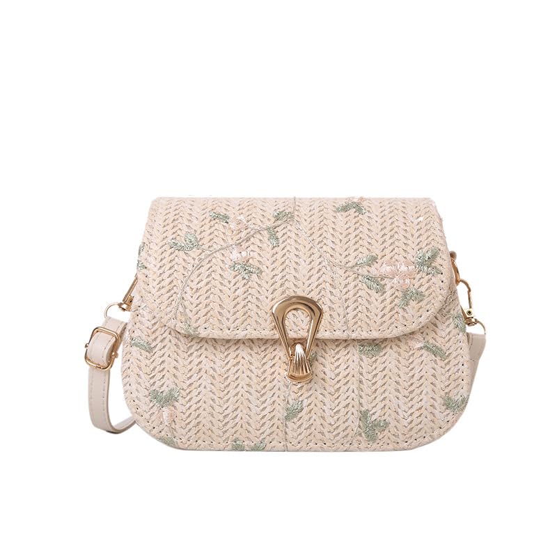 Bolsa tiracolo feminina de tecido – Bolsa de ombro estilo palha pequena com alça ajustável, Off-white