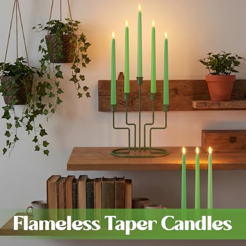 Image of Handepo 48 Pack Flameless Taper Candles Realistic with Flickering Candlelights Plastic 11 Inch Last Long Battery Operated Window Candlestick for Halloween Christmas(Bright Green)