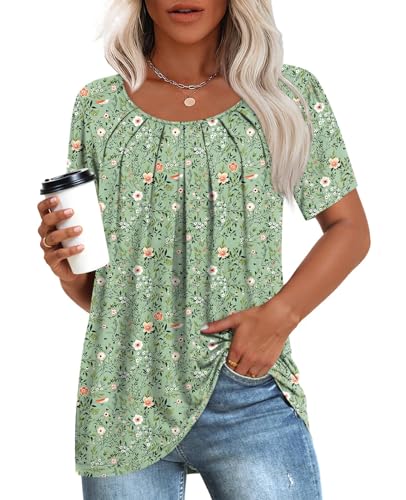 Anymeet Womens Summer Tops Short Sleeve Casual Blouses Beach Tee for Leggings Hide Belly Plus Size Green Flowers 3X-Large