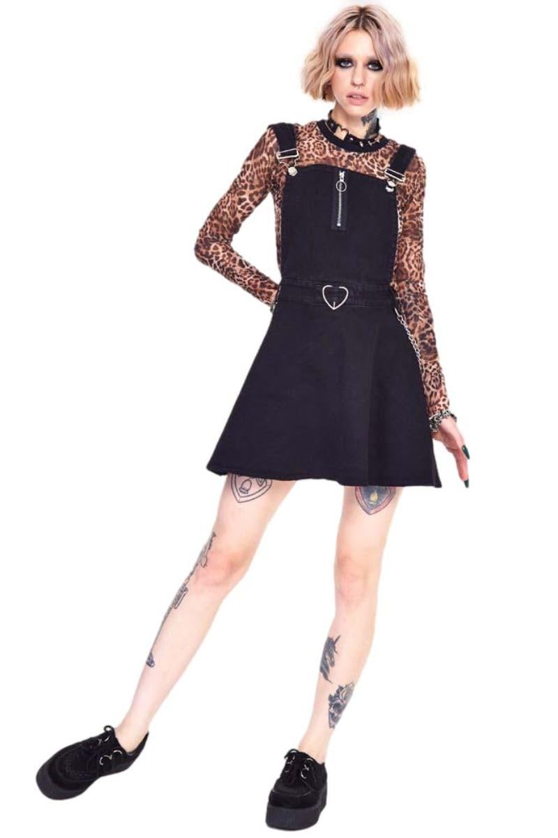 Jawbreaker Women's Black Love Me Right Dungaree Dress Denim Gothic Alternative Heart Chain, Xs