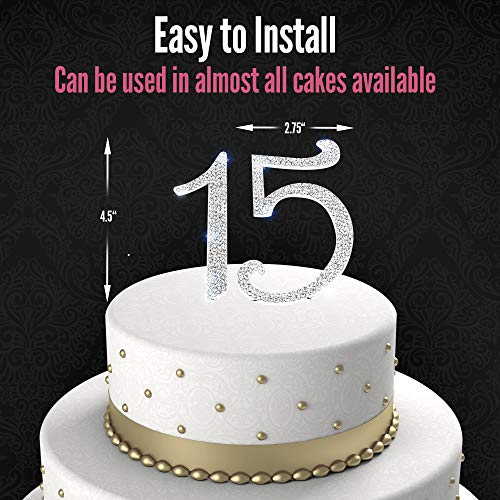 15 Cake Topper, 15th Happy Birthday, Anniversary, Vow Renewal, Crystal Rhinestones on Silver Metal, Party Decorations, Favors - Thumbnail 4