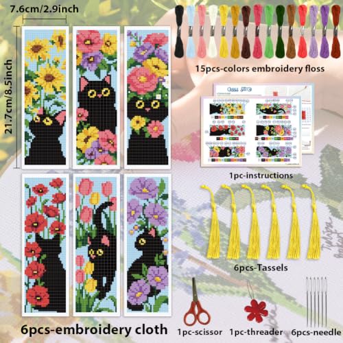 Image of ACRNIGHEET 6PCS Cross Stitch Bookmark Kit for Beginner Stamped Cross Stitch Kits for Adults Cat & Floral DIY Tassel Embroidery Bookmark Kits Needlepoint Kit with Instructions Craft Gift 8.5''x3'' 11CT