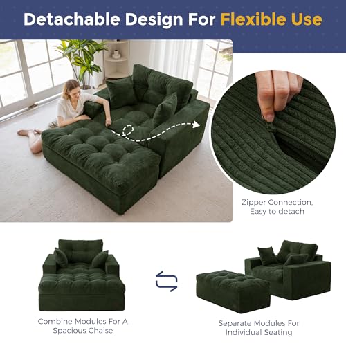 Image of MAXYOYO Modular Sectional Chaise Lounge Sofa, Upholstered Lounge Chair with Ottoman, Comfy Couch with Layered Cushion, Tufted Upholstered Sleeper Chair for Living Room, No Assembly, Dark Green
