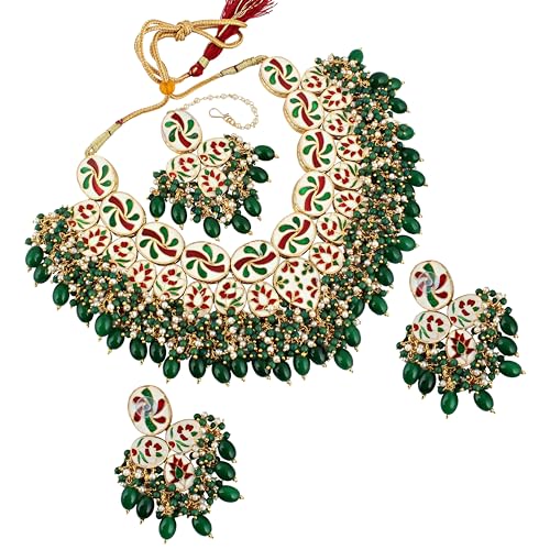 Image of Lucky Jewellery Back Meenakari 18k Gold Plated Set with Earring and Mang Tika Combo Uncut Big Faux Kundan Choker Necklace set (2415-J5SK-1815-PARENT)