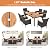 HAPPYGRILL 7 Pieces Outdoor Dining Set, Patio Conversation Set with Umbrella Hole, Acacia Wood Tabletop & Seat Cushions, Dining Table with 6 Rattan Wicker Chairs for Backyard Poolside Deck