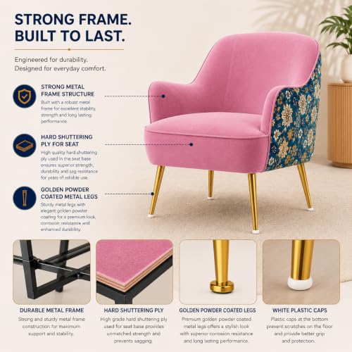 Image of Velvet Chair with Pillow for Home | Modern Accent Armchair in Soft Velvet Fabric with Golden Legs | Premium Accent Chair for Living Room Bedroom Restaurent | (Pink, Big Zara)