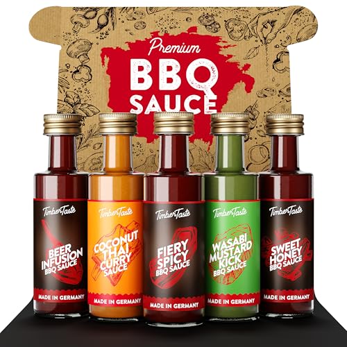TIMBER TASTE® BBQ Sauce Geschenkset [5 x 40 ml] | Exotic BBQ Sauce Set | Herzhafte Soßen Geschenkbox | Geschenkbox für Männer & Frauen | BBQ Saucen Gewürze | Geschenkideen für Grillfans