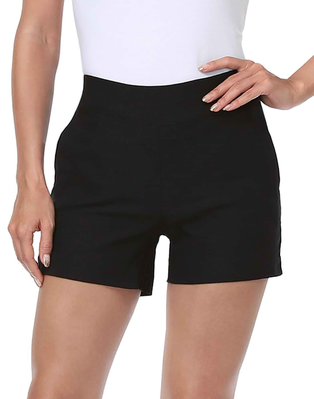 HDE Chino Short for Women 4" Inseam Elastic Pull On High Waist Summer Short Dressy Casual, High Rise, Comfortable Stretch Fabric, Wide Pull On Waistband & Pockets, Flat Front Business Dress Shorts