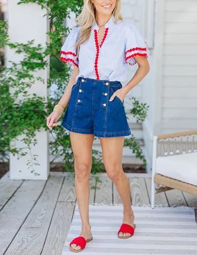 Yeokou Womens Striped Shirt V Neck Short Puff Sleeve Cotton Pullover Top Casual Summer Button Down Rickrack Blouse2