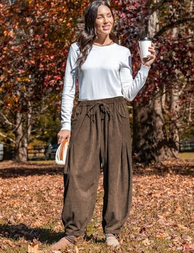TARSE Womens Baggy Wide Leg Pants Corduroy Casual Drawstring Waist Palazzo Harem Pants with Pockets3