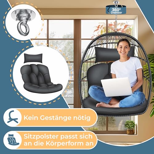 KESSER® Hängesessel Jungle mit Gestell Stahl Hängekorb Sessel Großen Kissen + Decken Halterung + Cover Hängeschaukel Hängesitz Indoor - Outdoor Schaukel Hängestuhl für Kinder und Erwachsene, Anthrazit