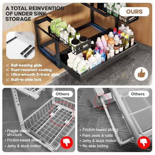 Image of 1 Pack-16 inch-26 inchW Expandable Under Sink Organizer With Upgrade Ball-Bearing Slide,2-Tier Pull Out Under Cabinet Organizer Height Adjustable,Not Suitable For Cabinets With Partitions In The Middle