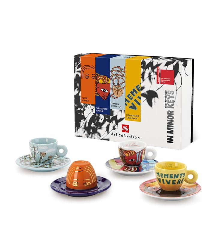 illy Art Collection 25786 Biennale Tassen 2026, 4 nummerierte und signierte Espressotassen Maher, Werewere, Petersen und Rahman