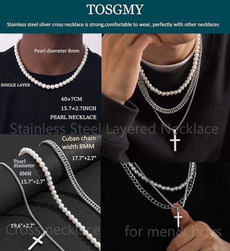 Pearl Necklace for Men Layered Cuban Link Cross Necklaces Mens Stainless Steel Chain Faux Pearl Choker Compass Pendant 3PCS Necklaces Set for Men Women Jewelry Gift4