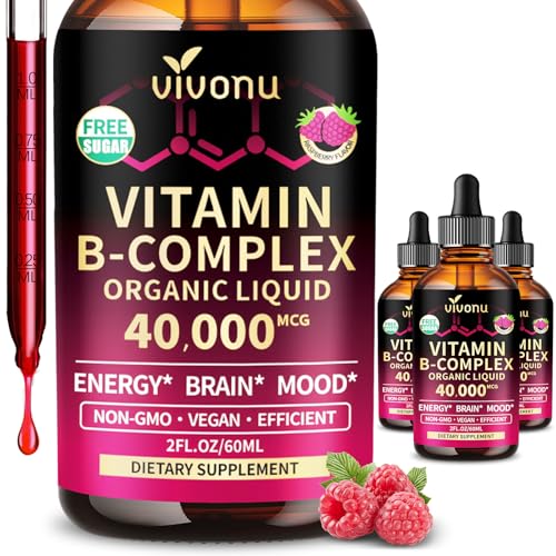 Image of VivoNu Vitamin B Complex Liquid Drops, Methylated Vitamin B12 6000 mcg, B1, B6, B3, B5, B2, Folate, Biotin with Vitamin C D A E, Magnesium, Zinc, CoQ10 for Energy (3 Bottle)