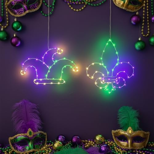 2 luces de Mardi Gras para ventanas con flor de lis y máscara con ventosa 2