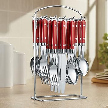 Montgomery Ward 20-Piece Hanging Flatware Set with Rack, Red - Elegant Stainless Steel Utensils Red