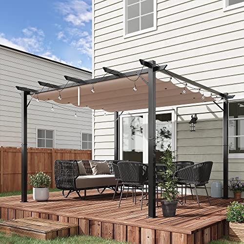 Outsunny 3 x 3(m) Pergola with Retractable Roof Canopy Aluminium Frame Garden Gazebo Outdoor Sun Shade Shelter for Grill Patio Brown