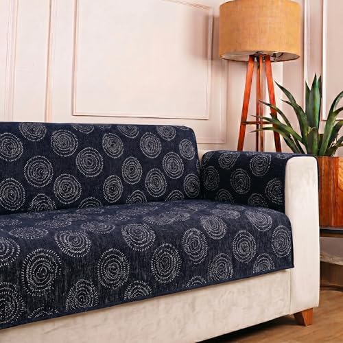 Image of STITCHNEST 'Opulence Series' Floral Woven Sofa Cover for 1 Seater | Premium Soft Fabric Sofa Protector | Black Circular Pattern with Tassel Edge Finish | Durable Living Room Furniture Cover