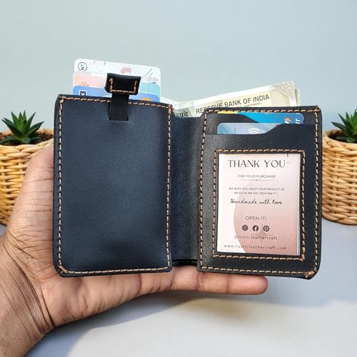 Image of Genuine Leather Bifold Wallet for Men Includes Card Holder, ID Slot, and Cash Compartment Pocket, Handmade with Easy Card Access Strap Charcoal Black