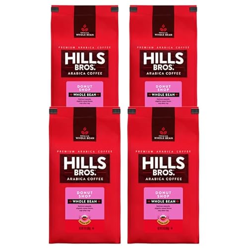 Hills Bros. Donut Shop Whole Bean Coffee – Rich and Bold Premium Arabica Coffee Beans – Orthodox Union Kosher – Medium Roast, Fresh Grind for Best Aroma & Taste – Donut Shop, 4 Packs of 24oz