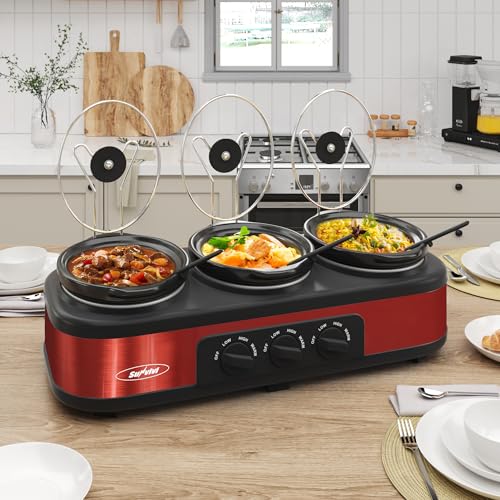 Sunvivi Triple Slow Cooker, Buffet Server & Warmer with 3 Removable Ceramic Pots, 3 Adjustable Temp Settings & 3 Metal Lid Rests, Stainless Steel, 3 * 1.5 Quarts Red