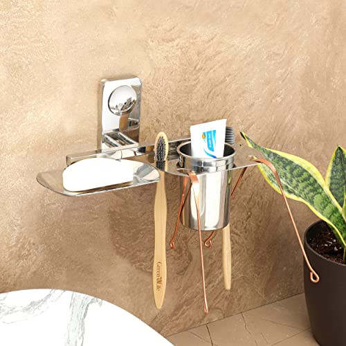 Image of FORTUNE Premium Stainless Steel Soap Dish with Tumbler Holder for Bathroom /Soap Stand /Toothbrush Holder /Bathroom Accessories (Chrome Finish)