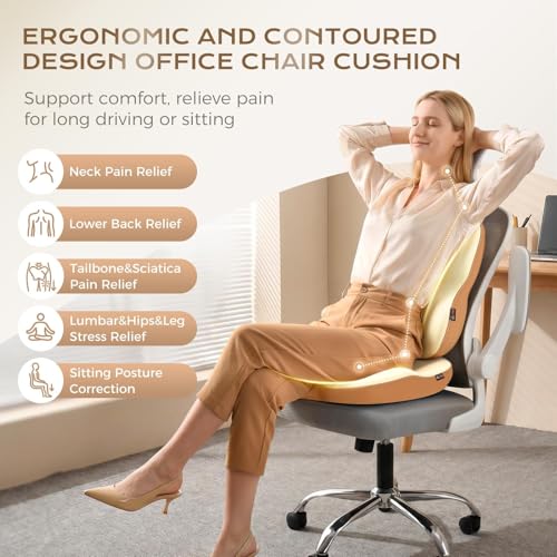 Image of Coverado Lumbar Support Pillow and Seat Cushions for Office Chairs, Memory Foam Orthopedic Coccyx Cushion for Tailbone Pain Cushion Pillow & Back Pain Pressure Relief Seat Cushion Coffee&Beige