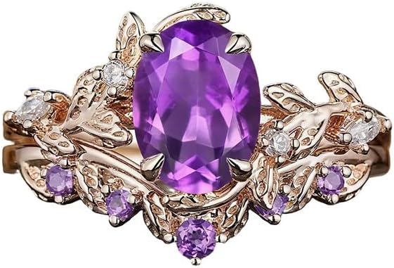 10K 14K 18K Gold Vine Natural Amethyst Wedding Ring Sets for Women Oval/Pear/Kite/Coffin Cut Twig Amethyst Promise Anniversary Ring Sets Size 3-16