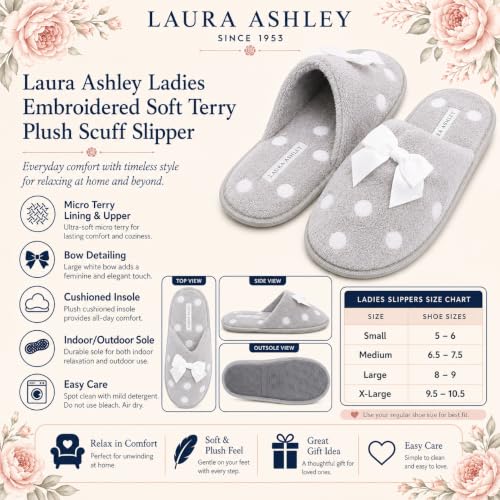 Image of Laura Ashley Ladies Embroidered Soft Terry Plush Scuff Slipper