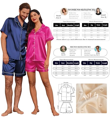 Image of Ekouaer Couple Matching Pajamas Sets Silk Short Sleeve Button Up Sleepwear