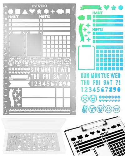 5x7.5 Inch Metal Journal Stencils Stainless Steel Stencil Bookmark for Bullet Journaling Reusable Planner Stencils with Faces & Icons for Habit Tracker Calendar Diary Banners Lists Scrapbooking
