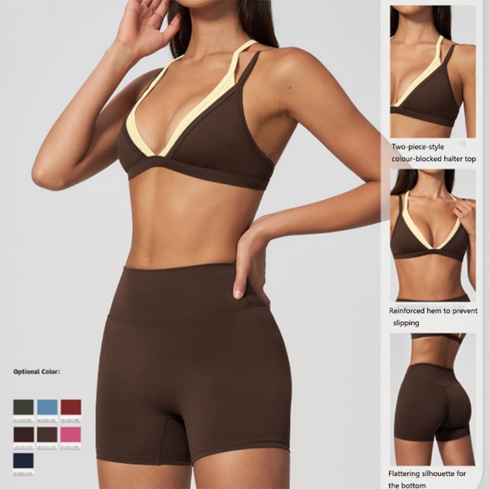 Reggiseno sportivo senza schiena shorts abbigliamento da corsa completo | Reggiseno sportivo scollo V a doppie spalline abbinato a shorts vita alta modellanti tessuto morbido elasticizzato