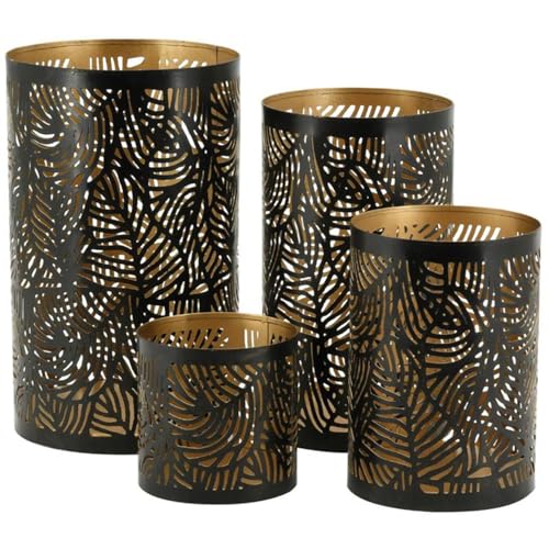 AUBRY GASPARD - Photophores en Métal Feuillage - Noir Doré - Métal Laqué - Série de 4 Tailles Différentes - Motif Feuillage Ajouré - Intérieur Doré - Øs de 10...