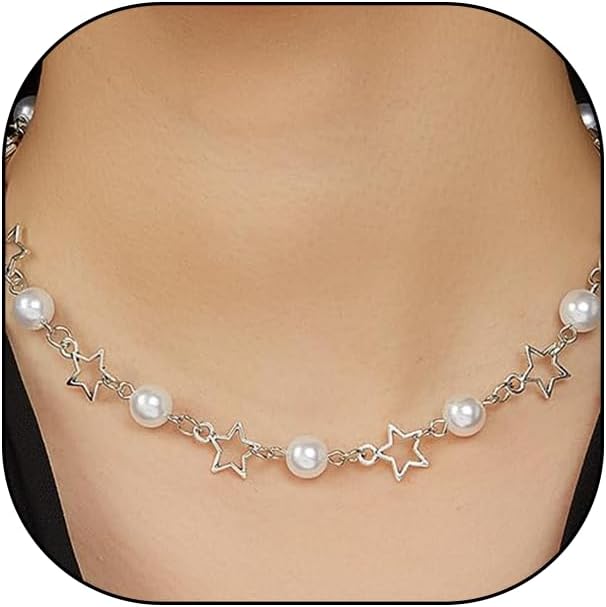 Star Pearl Choker Necklaces, Adjustable Bohemian Beaded Hollow Chain Necklaces, Dainty Y2k Charm Statement Jewelry Gifts for Women