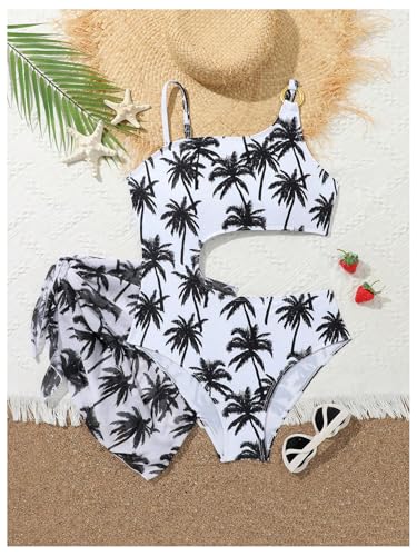 SweatyRocks Girl's Tropical Print One Piece Swimsuit Cut Out Asymmetrical Bathing Suit with Sarong Wrap3