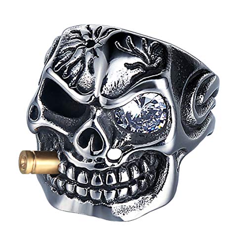 PAURO Mens Stainless Steel Domineering Cubic Zirconia Inlay Skull Skeleton Rings Gothic Biker Devil Jewelry