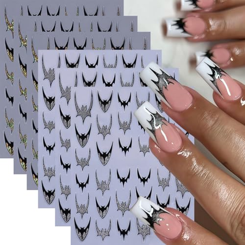 6Sheets Halloween Silver Glitter Bats Nail Stickers Halloween Nail Decals 3D Self-Adhesive Black Gold Silver Glitter Bats Design Nails Stickers for Nails Art Supplies Manicure Decorations for Women