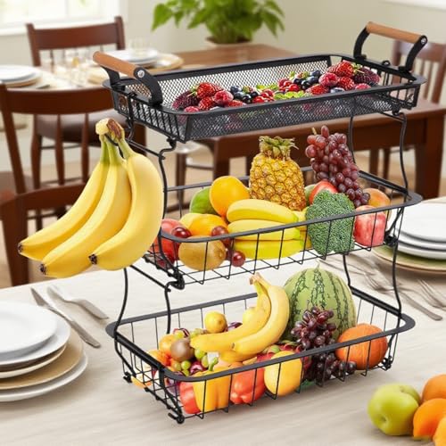 Organizador de frutas de 3 niveles para ordenar tu cocina con colgador de plátanos 4