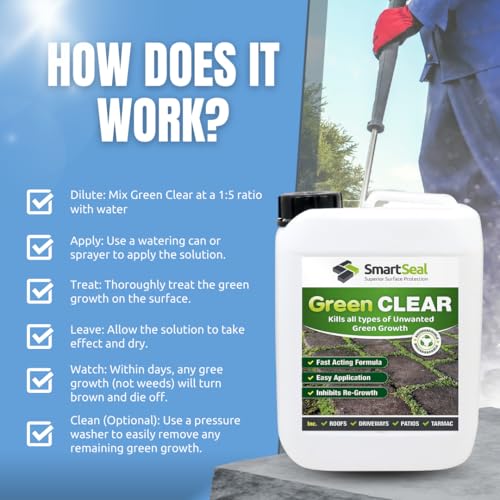 SmartSeal Green Clear Concentrate – Fast-Acting Mould, Lichen & Algae Remover – Easy to Apply Outdoor Cleaner for Roofs, Driveways, Patios & Paths – Kills Organic Green Growth (5L)