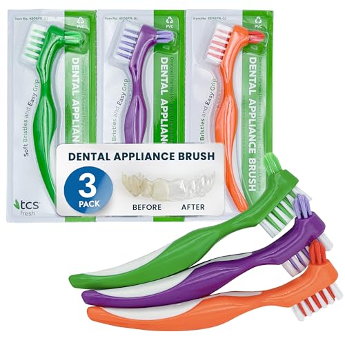 TCS Fresh Soft Bristle Denture Brush for Dentures Retainers & Aligners Made with Premium Dupont Nylon Bristles (0.18 mm) for Gentle Plaque Removal Ergonomic Handle & Dual Brush Heads 3 Pack