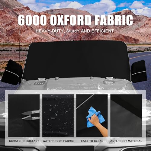 Image of Windshield & Front Side Window Snow Cover Compatible wirh Jeep Wrangle JL JT 18-24, 600D Oxford Cloth Windshield Cover with Mirror Cover for Sun, Rain, Snow, Sand, Dust, Leaves, Branches Protection
