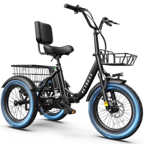 ACTBEST Electric Tricycle with Peak 1200W Brushless Motor, 48V 624Wh Removable Battery Electric Trike, Foldable & Portable E Trike, 55 Miles Max Range, Up to 18MPH 3 Wheel Ebike for Adults