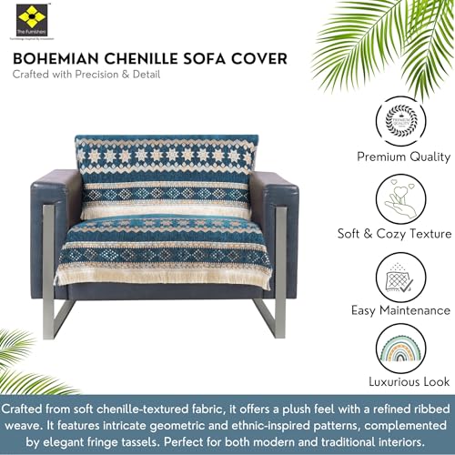 Image of Elegant Woven Turquoise Sofa Cover - Soft Chenille Traditional Pattern with Lace Style | L-Shape Sectional Seat Protector for Living Room | Durable & Stylish Slipcover 1 Seater