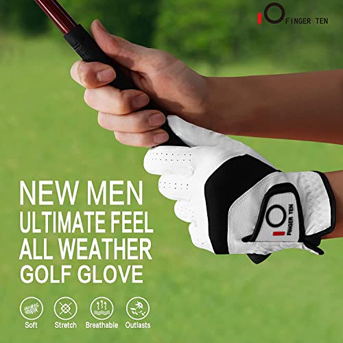 Finger Ten Golf Gloves Men Left Hand Cabretta Leather Multipack All Weather Soft Value 5 Pcs, Golf Gloves Mens For Right Handed Golfer Rain Grip Comfortable (M/L, Left) - 4