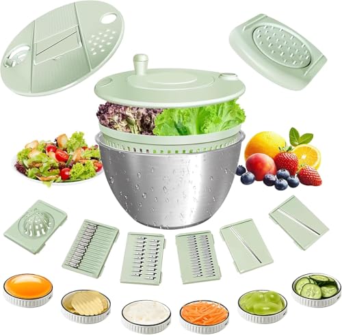 Souvik 5L Salatschleuder Edelstahl mit Deckel – zum Waschen und Trocknen von Salat, Rutschfester Boden & Stopptaste, Groß Salat...