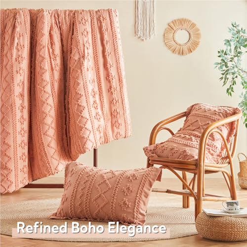 Image of MR&HM Twin XL Comforter Set Coral Pink, 5 Pieces Tufted Boho Beddding Sets, Farmhouse Style Bed in a Bag with 1 Comforter, 1 Pillow Sham, 1 Pillowcase, 1 Flat Sheet, 1 Fitted Sheet for College Dorm