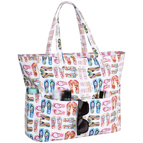 Iioscre Beach Bag for Women, Large Beach Tote Bag with Zipper Pockets, Waterproof Sandproof Swim Bag Pool Vacation Travel