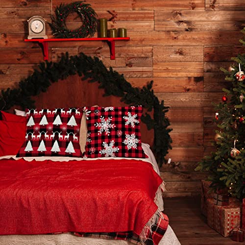 Christmas Decor Pillow Covers 18"X18" Farmhouse Black Red Buffalo Plaids Winter Holiday Set Of 4 Linen Xmas Gnomes Truck Snowflake Reindeer Decor Throw Pillow Covers For Sofa Couch (Red Black P2) #TOP2